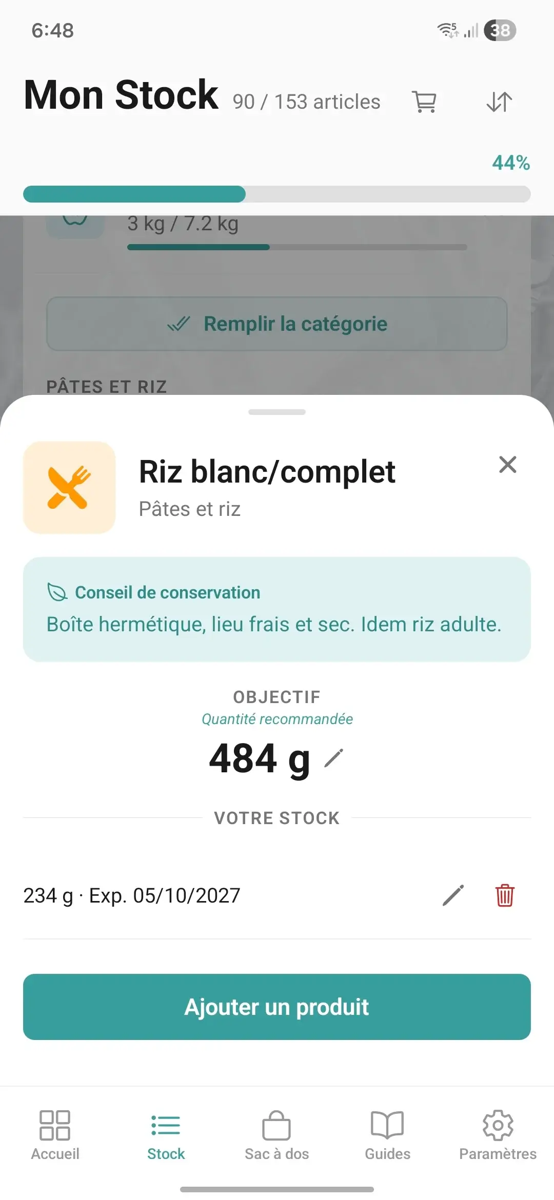 Détail catégorie stock Resilyo avec dates de péremption